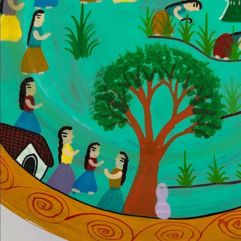 Vintage Handpainted Mexican Folk Art “ Village Women “ Wall Hanging Plate